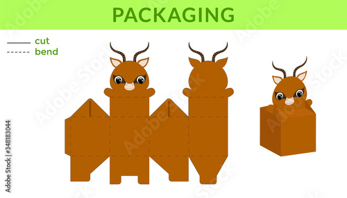 Adorable DIY party favor box for birthdays, baby showers with cute gazelle for sweets, candies, small presents. Printable color scheme. Print, cut out, fold, glue. Vector stock illustration.