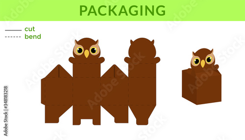 Adorable DIY party favor box for birthdays, baby showers with cute owl for sweets, candies, small presents. Printable color scheme. Print, cut out, fold, glue. Vector stock illustration.