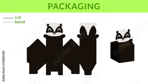 Adorable DIY party favor box for birthdays, baby showers with cute badger for sweets, candies, small presents. Printable color scheme. Print, cut out, fold, glue. Vector stock illustration.