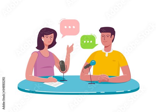 Broadcasting, podcast. People talking sitting at table. Live interview flat cartoon vector illustration