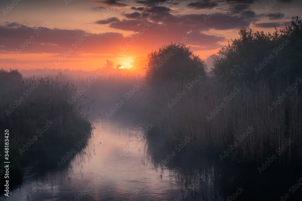 Foggy sunrise in the Jeziorka river valley near Piaseczno, Poland