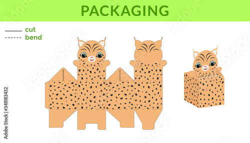 Adorable DIY party favor box for birthdays, baby showers with cute lynx for sweets, candies, small presents. Printable color scheme. Print, cut out, fold, glue. Vector stock illustration.
