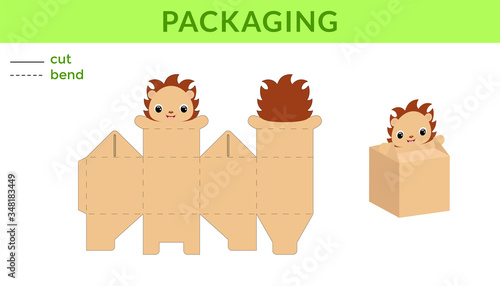 Adorable DIY party favor box for birthdays, baby showers with cute hedgehog for sweets, candies, small presents. Printable color scheme. Print, cut out, fold, glue. Vector stock illustration.