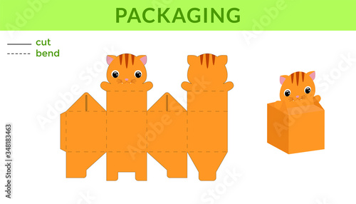Adorable DIY party favor box for birthdays, baby showers with cute cat for sweets, candies, small presents. Printable color scheme. Print, cut out, fold, glue. Vector stock illustration.
