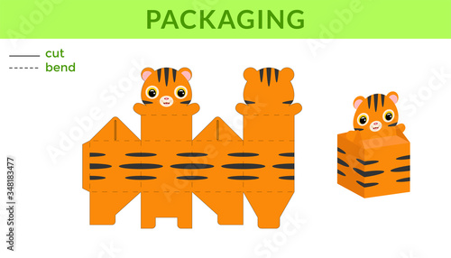 Adorable DIY party favor box for birthdays, baby showers with cute tiger for sweets, candies, small presents. Printable color scheme. Print, cut out, fold, glue. Vector stock illustration.