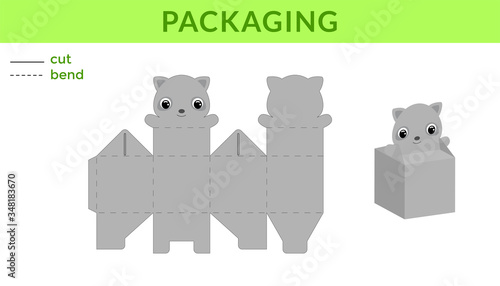 Adorable DIY party favor box for birthdays, baby showers with cute raccoon for sweets, candies, small presents. Printable color scheme. Print, cut out, fold, glue. Vector stock illustration.