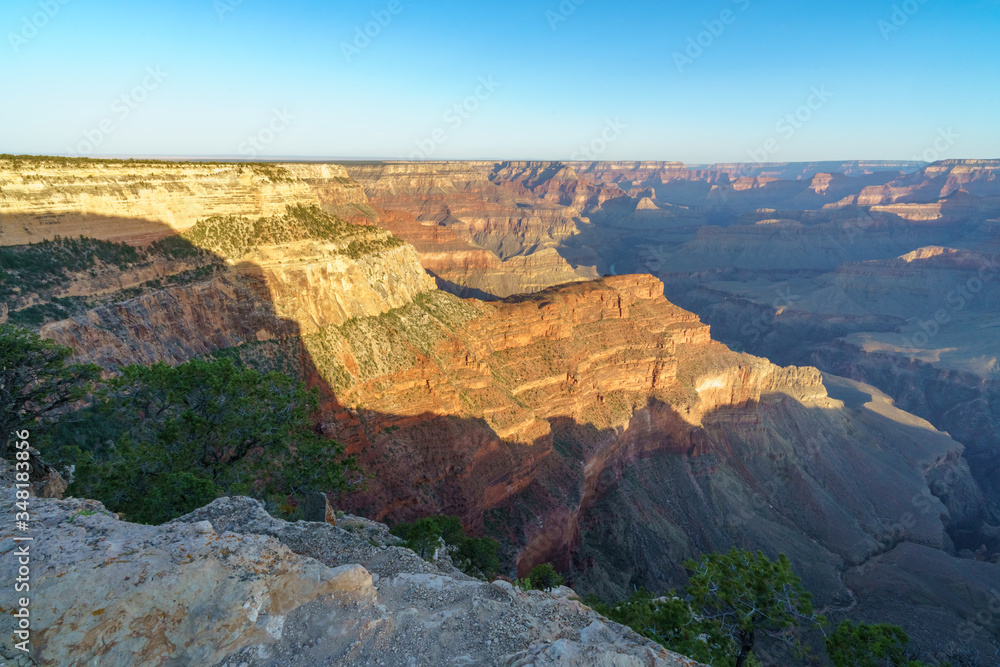 hiking the rim trail to mohave point at the south rim of grand canyon in arizona, usa