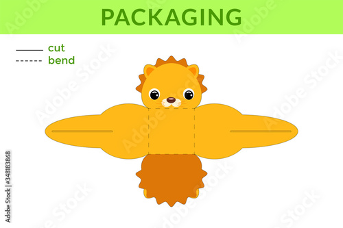 Adorable DIY party favor box for birthdays, baby showers with cute lion for sweets, candies, small presents, bakery. Printable color scheme. Print, cut out, fold no glue. Vector stock illustration.