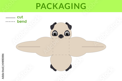 Adorable DIY party favor box for birthdays, baby showers with cute dog for sweets, candies, small presents, bakery. Printable color scheme. Print, cut out, fold no glue. Vector stock illustration.