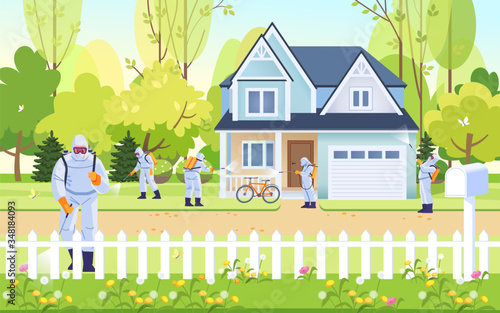 Coronavirus disinfection. Disinfectant workers to sterilize the coronavirus from the street, road and house. People in virus protective suits and mask disinfecting. Cartoon vector illustration