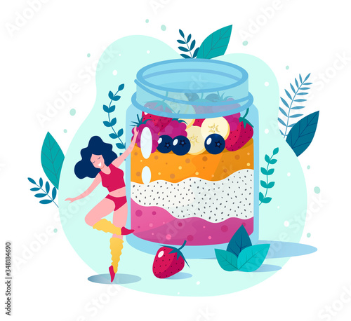 Concept of healthy lifestyle vector illustration. Chia seed mango strawberry pudding vector illustration. Happy slim woman dancing near chia pudding