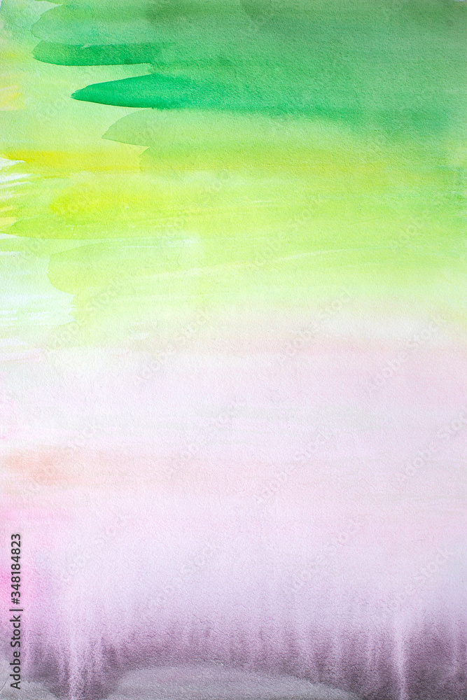 Watercolor abstract green and violet gradient backdrop.