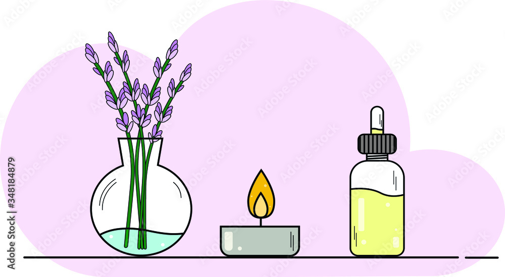 Aromatherapy and essential oils brochure template, and candle Vector line doodle illustration of spa candles, lavander, oil, massage. Linear poster, editable stroke