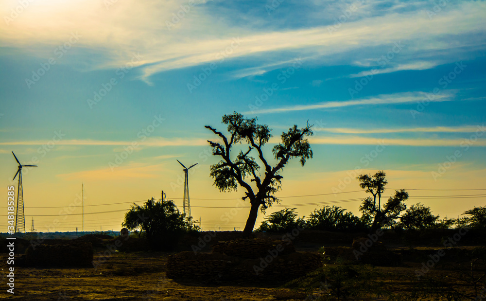 Windmills in Jaisalmer desert area, view from Bara bagh Jaisalmer, Rajasthan India
