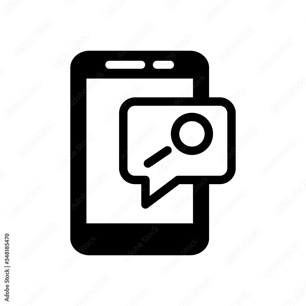 Smartphone or phone receiving message icon with research sign, vector icon in line art style on white background, explore, find, inspect symbol Smartphone or phone receiving message icon with research sign, vector icon in line art style on white background, explore, find, inspect symbol