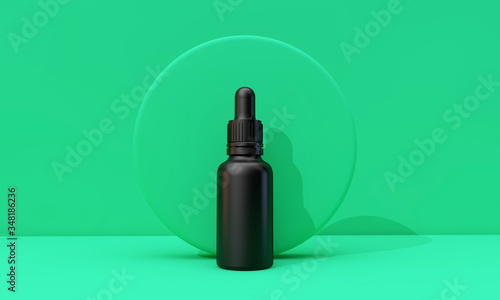 Black oil dropper bottle with blank label on a green background. 3D Render © ink drop
