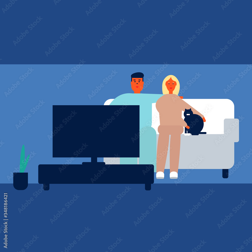 Couple with cat sitting on sofa and watching TV. Cartoon vector illustration in flat style Couple with cat sitting on sofa and watching TV. Cartoon vector illustration in flat style