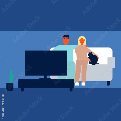 Couple with cat sitting on sofa and watching TV.  Cartoon vector illustration in flat style