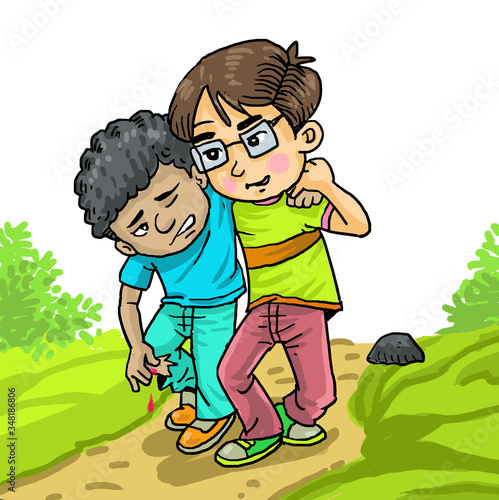 Cartoon boy helps his friend that was injured by accident