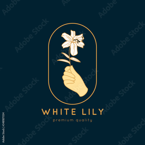 Female Hand logo in a minimalist simple linear style. Vector emblem and Badge with a woman's hand holding Lily flowers.