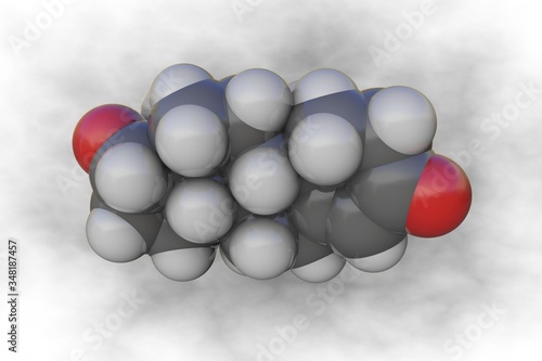 Molecular model of testosterone. Atoms are represented as spheres with conventional color coding  carbon  grey   oxygen  red   hydrogen  white . 3d illustration