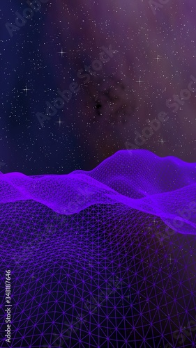 Abstract ultraviolet landscape on a dark background. Purple cyberspace grid. hi tech network. Outer space. Violet starry outer space texture. Vertical image orientation. 3D illustration © Plastic man