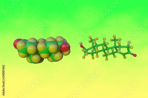 Molecular model of testosterone, steroid hormone from the androgen group. Testosterone is the primary male sex hormone and anabolic steroid. 3d illustration