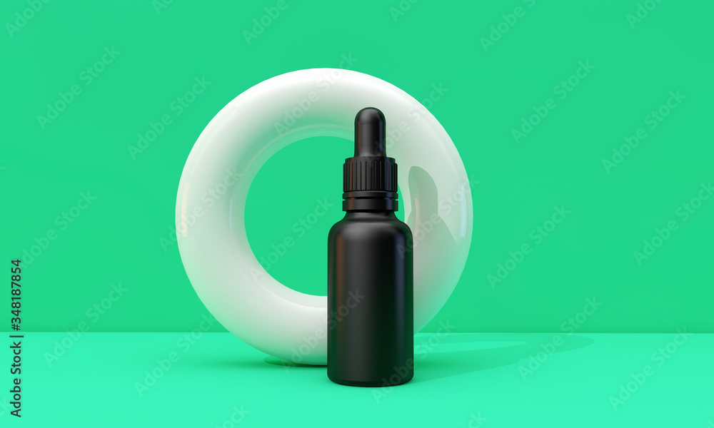 Black oil dropper bottle with blank label on a green background. 3D Render Black oil dropper bottle with blank label on a green background. 3D Render
