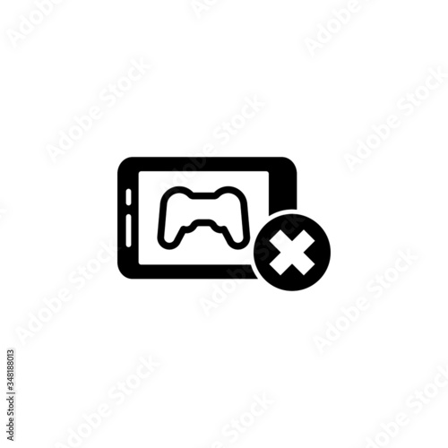 Smartphone with joystick icon not allowed sign in black flat design on white background