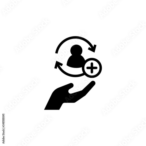 Full customer care service icon with add sign in black flat design on white background