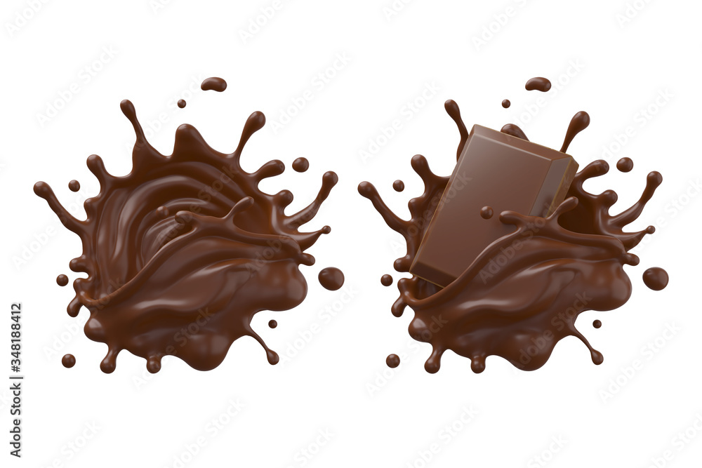 chocolate pieces falling on chocolate Milk cream splash 3d illustration. chocolate pieces falling on chocolate Milk cream splash 3d illustration.