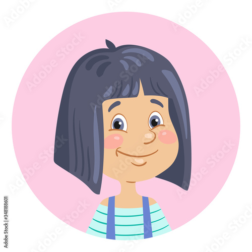 Portrait of a cute little asian girl. Avatar icon in the circle. In cartoon style. Isolated on white background. Vector illustration.