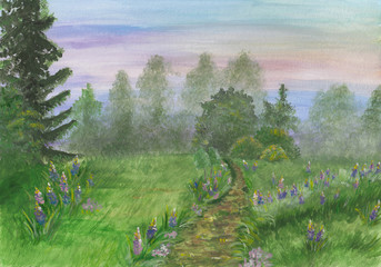 Leinwandbilder Khaki Gouache peaceful green landscape painting with forest trees, bushes & colorful bright flowers & road ahead. Abstract hand drawing foggy morning. Serene, tranquil background for meditation, relaxation.  © Sergey Pekar