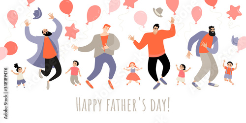 Congratulatory banner for Father's Day with funny daddies and kids jumping and having fun isolated on white background.