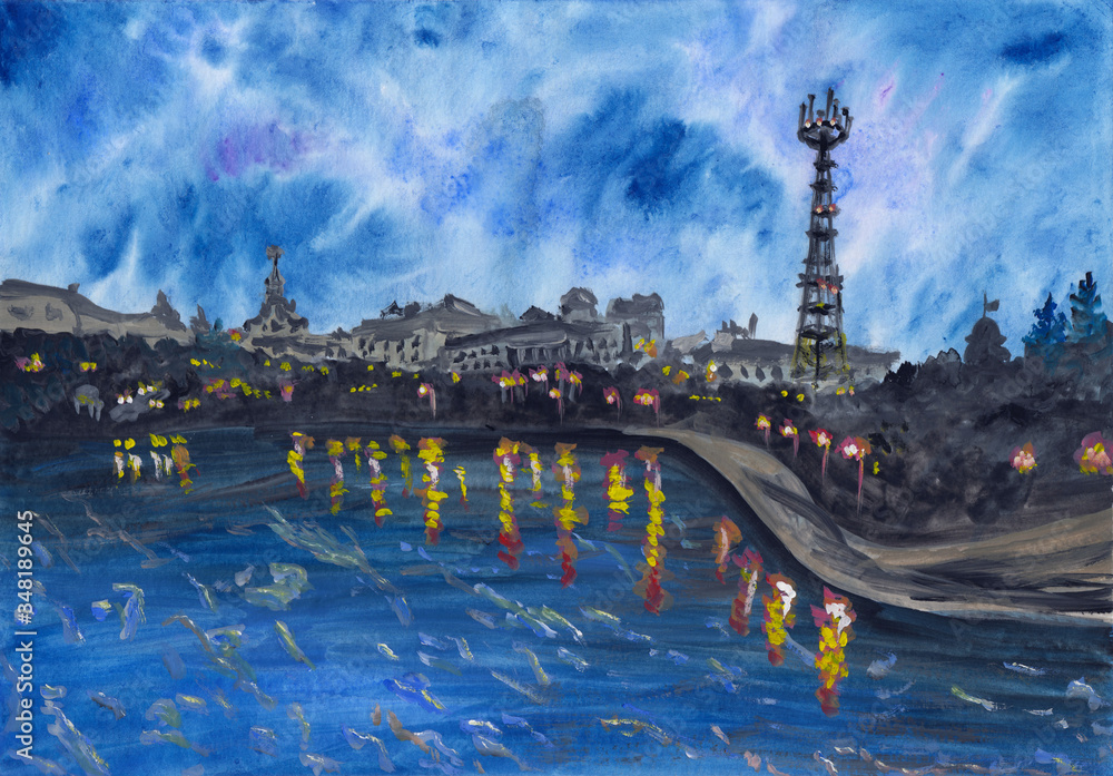 Fototapeta premium Gouache hand painted illustration of Minsk city, Belarus. Eastern European city view at early morning. Blue vibrant sky & modern architecture with winter frozen river. Main television tower in Minsk.