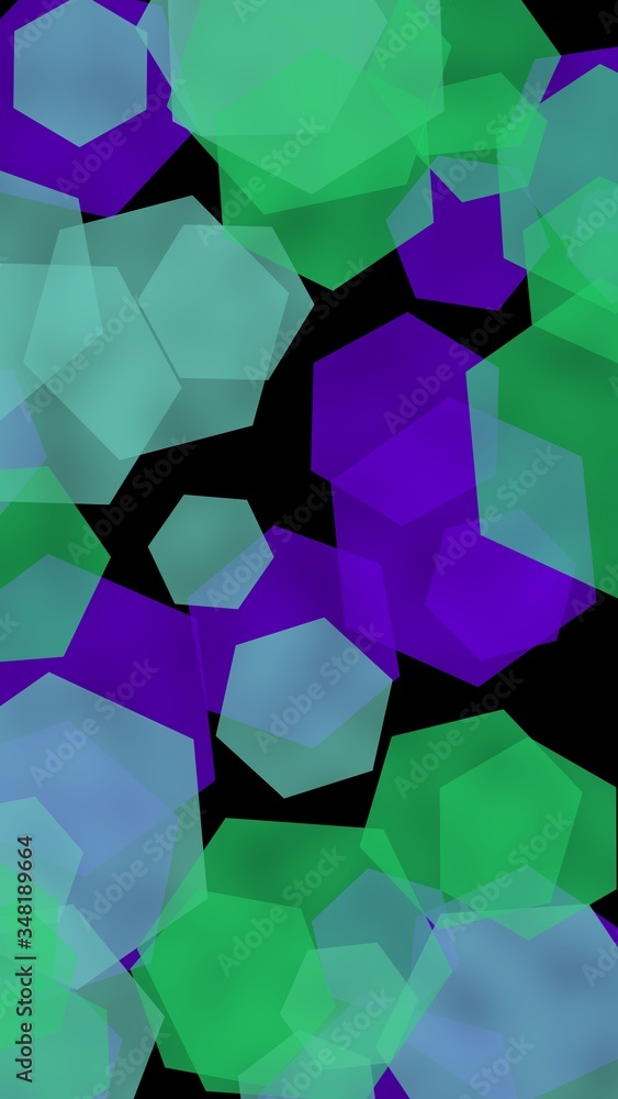 Multicolored translucent hexagons on dark background. Vertical image orientation. 3D illustration Multicolored translucent hexagons on dark background. Vertical image orientation. 3D illustration
