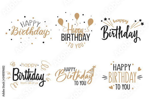 Greeting birthday party calligraphy flat icon collection. Isolated handwritten black and gold inscriptions vector illustration set. Happy birthday celebration concept