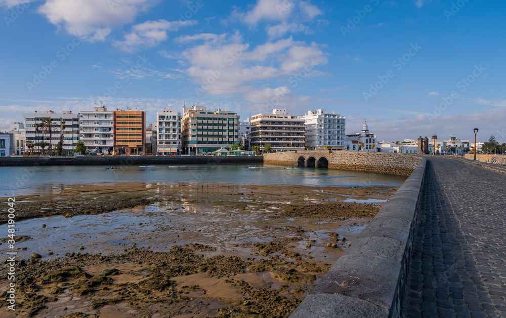 Arrecife, Spain - october 2019: old bridge, fortress and Arrecife in the background, Lanzarote