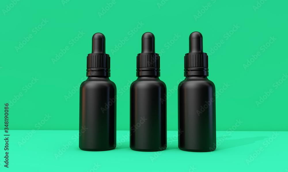 Black oil dropper bottle with blank label on a green background. 3D Render Black oil dropper bottle with blank label on a green background. 3D Render