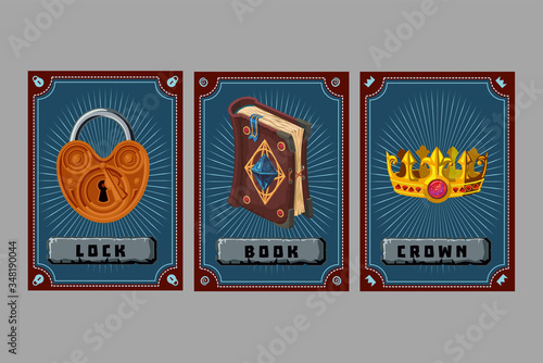 Card game collection. Fantasy ui kit with magic items. User interface design elements with decorative frame. Cartoon vector illustration. Lock, book and crown