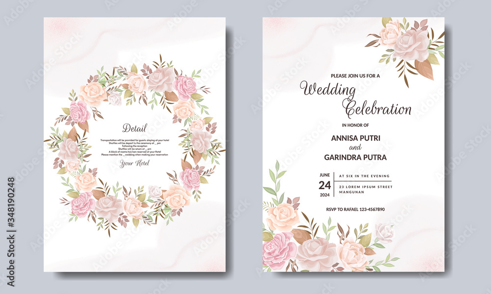Elegant wedding invitation cards template with pink and blush roses  design Premium Vector