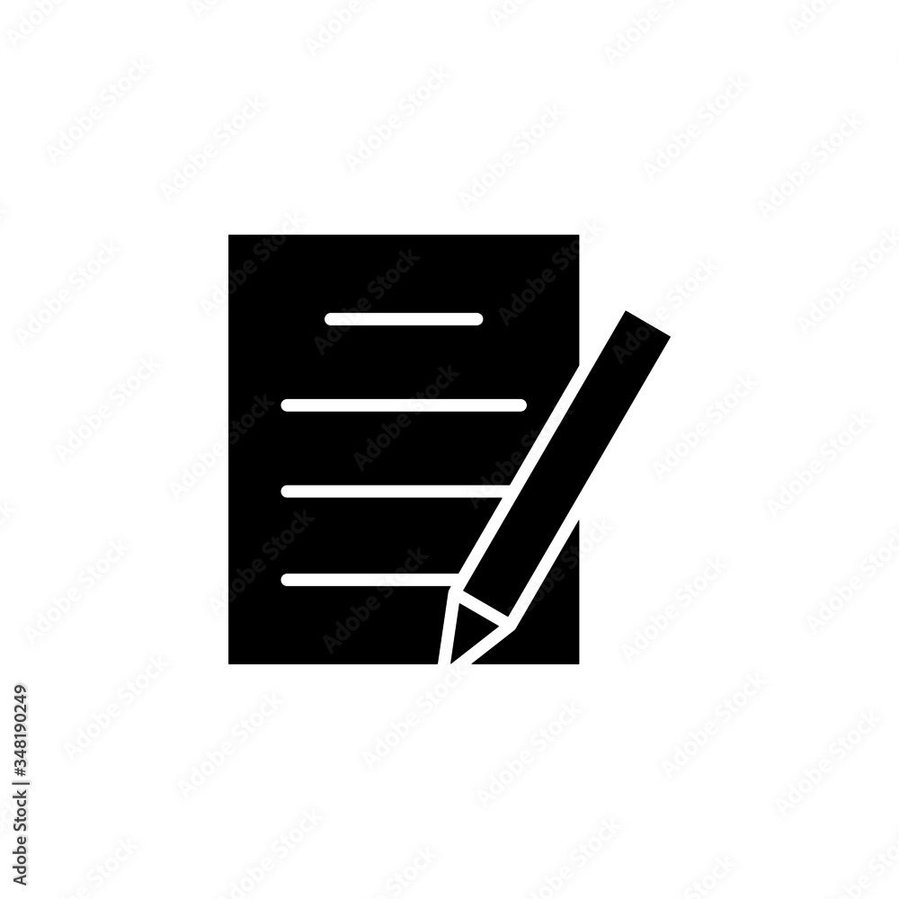 Document with pen icon in black flat design on white background, Sheet of paper and pencil outline and filled vector sign, linear and full pictogram, Symbol, logo illustration Document with pen icon in black flat design on white background, Sheet of paper and pencil outline and filled vector sign, linear and full pictogram, Symbol, logo illustration