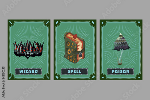 Card game collection. Fantasy ui kit with magic items. User interface design elements with decorative frame. Cartoon vector illustration. Mushroom, book and crystal.