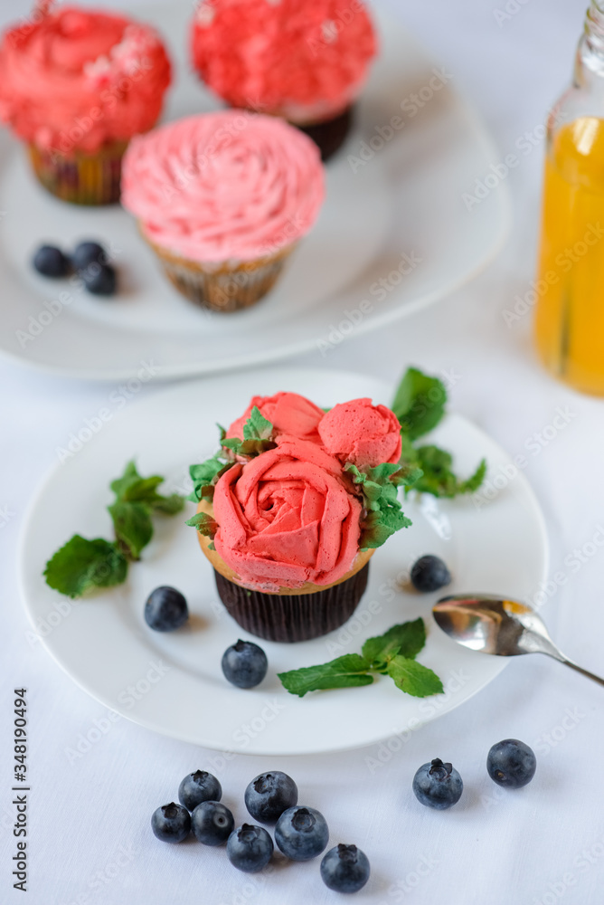 Delicious cupcake on a white plate on a white background. Delicious cupcake on a white plate on a white background.
