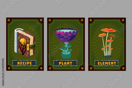 Card game collection. Fantasy ui kit with magic items. User interface design elements with decorative frame. Cartoon vector illustration. Mushroom, book and flower.