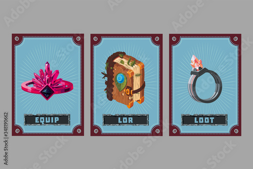 Card game collection. Fantasy ui kit with magic items. User interface design elements with decorative frame. Cartoon vector illustration. Ring, crystal and book.