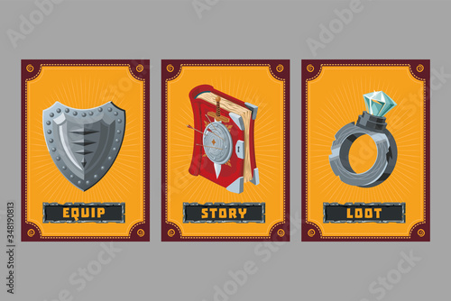 Card game collection. Fantasy ui kit with magic items. User interface design elements with decorative frame. Cartoon vector illustration. Shield, ring and book.