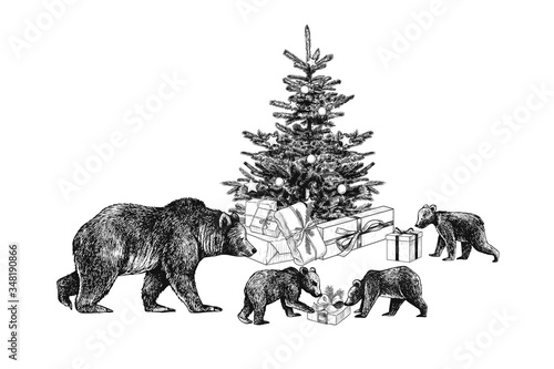 .Christmas tree with toys, variety of gifts and She-Bear with her cubs. Festive vector illustration. Hand drawn vintage drawing..