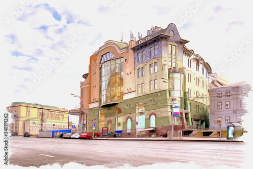 Moscow. Lubyanka Square. Nautilus Shopping Centre. Imitation of a picture. Oil paint. Illustration