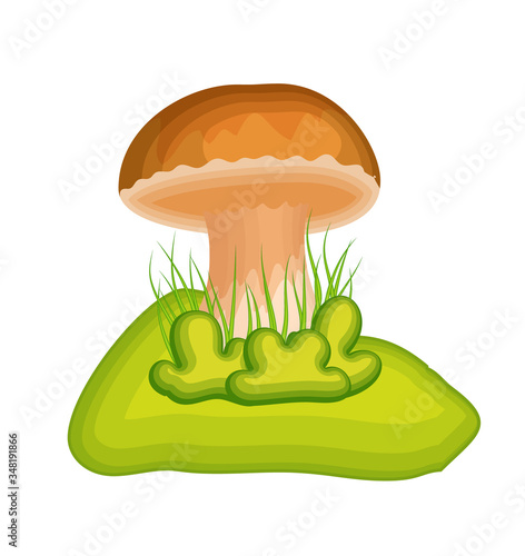 Cartoon mushroom with grass isolated on white vector illustration for background design. Fungi forest autumn plant.